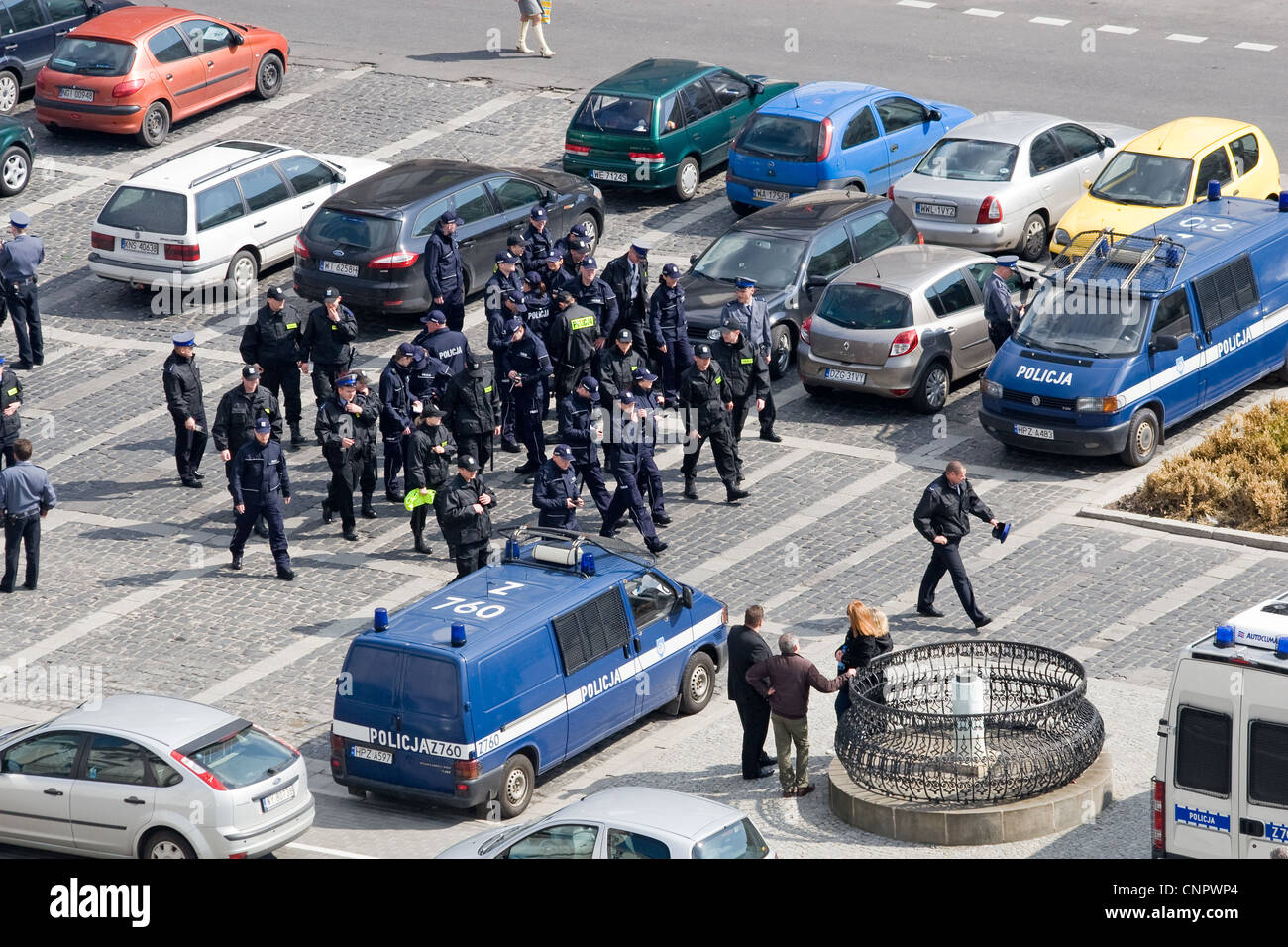 Polish police force gathering in a car park in Warsaw, Poland. Stock Photo