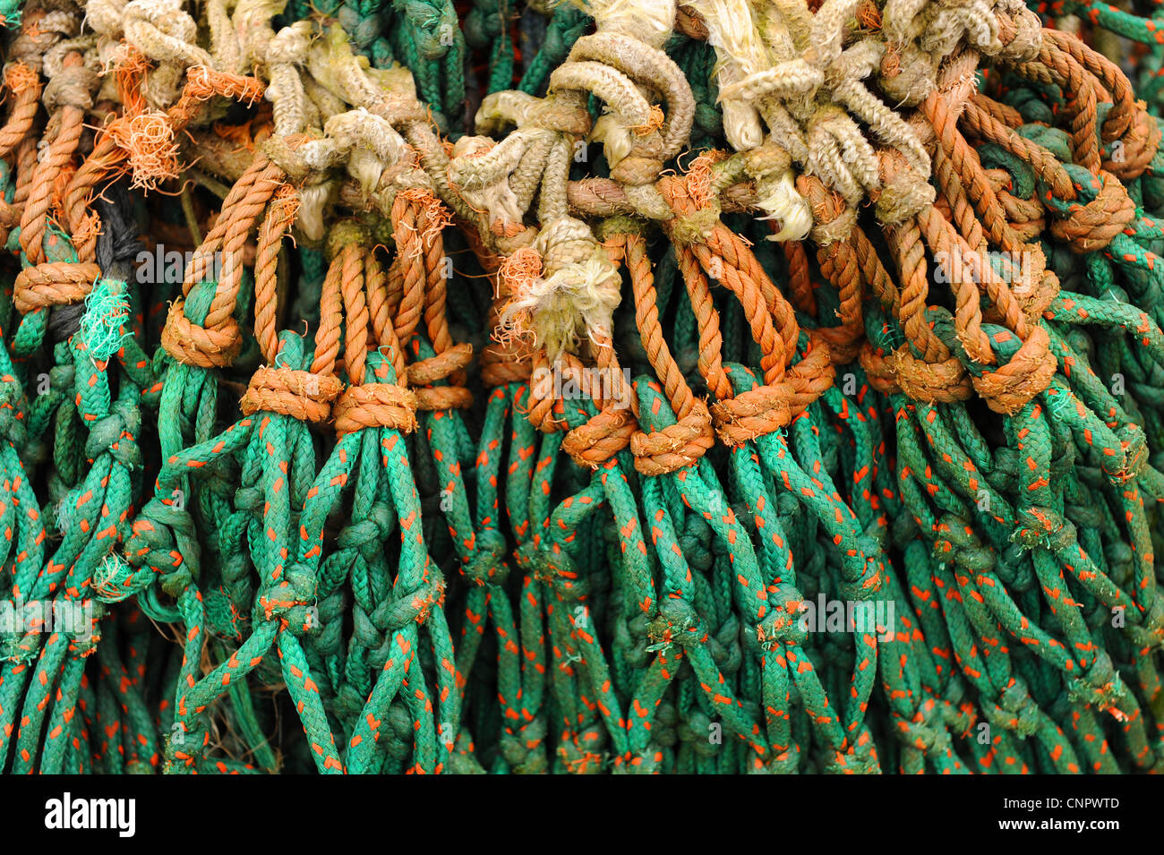 knots and ties on scallop boat fishing nets Stock Photo