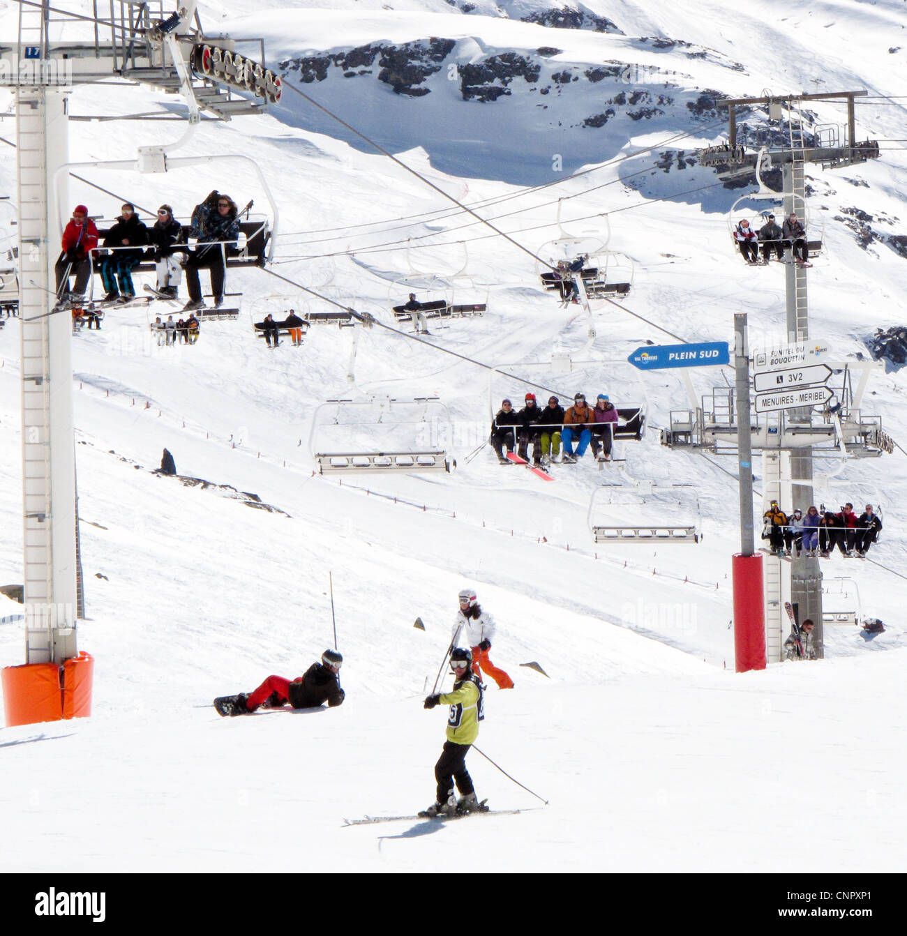 Skiers skiing at  Val Thorens, The three valleys France Europe Stock Photo