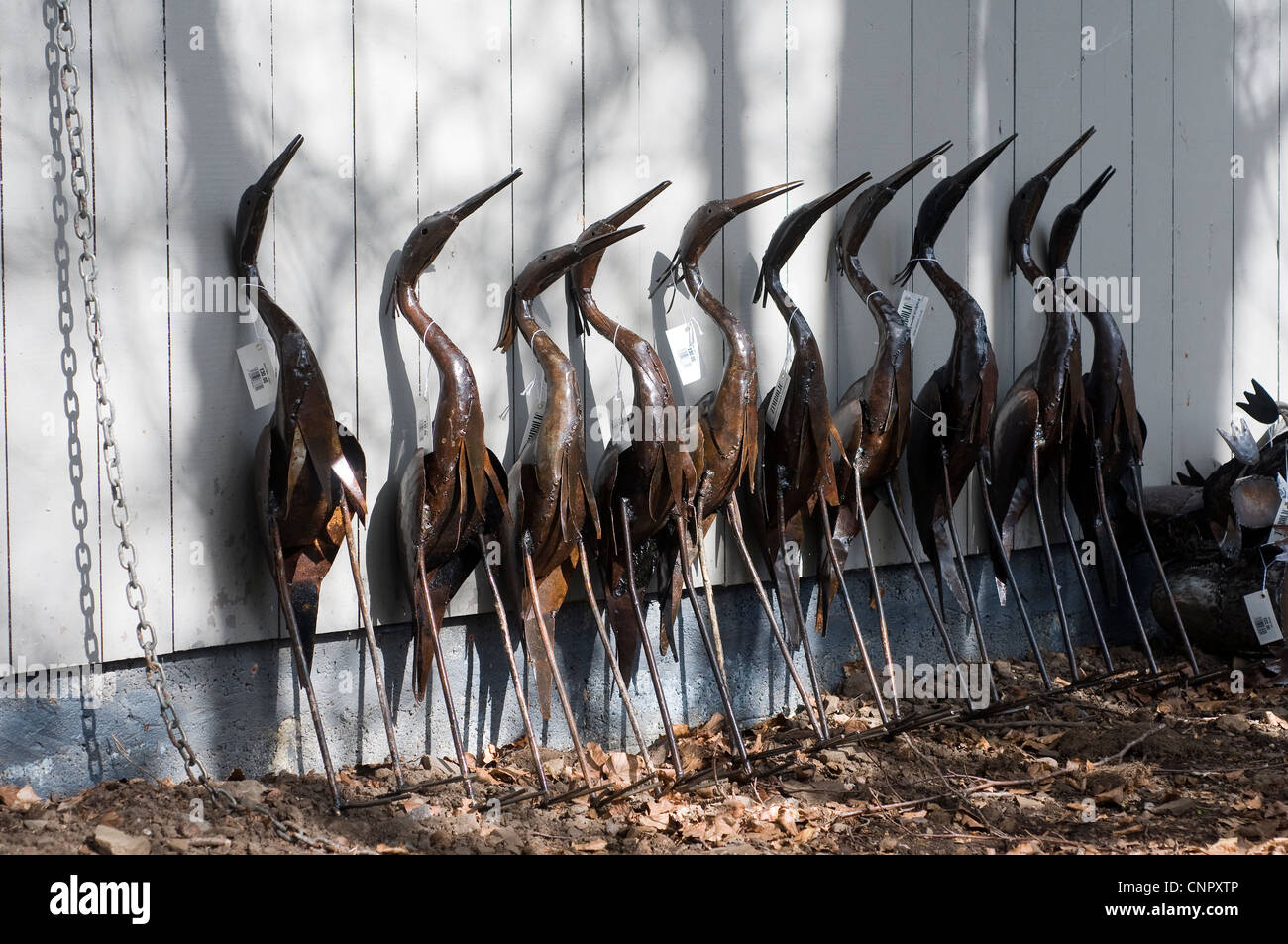 cranes with price tags leaning against wall,beak, bird, birdwatching, cap, conservation, crane, digging, retail sector Stock Photo
