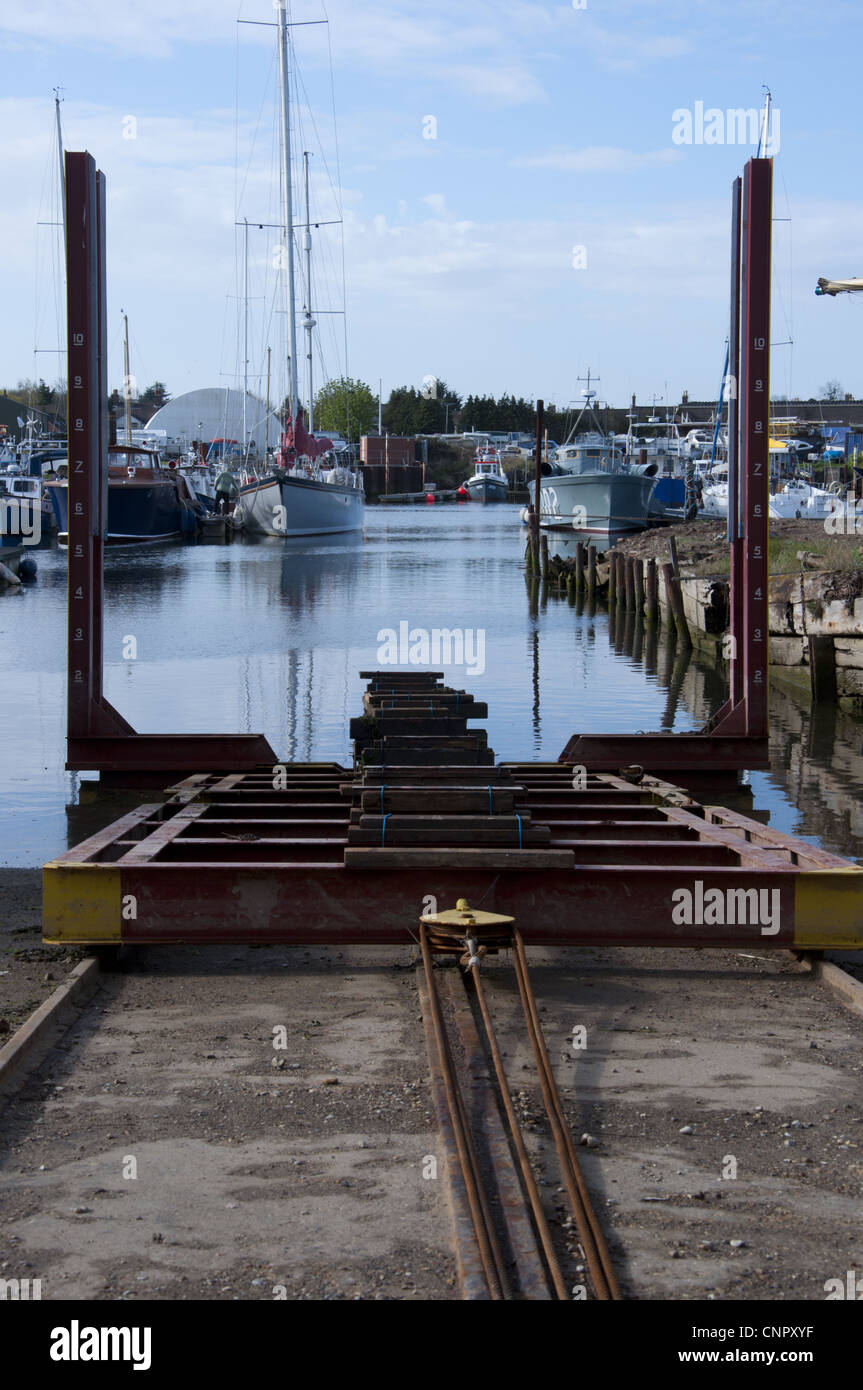 Empty slipway with boat cradle lift in boatyard Stock ...