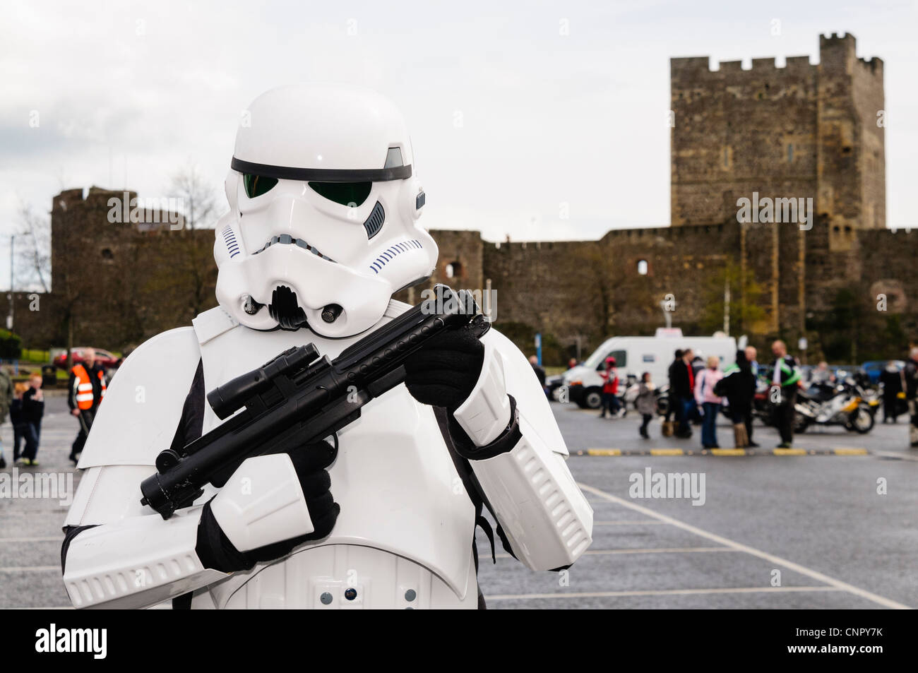 Star Wars fans dressed as Stormtroopers perform in Carrickfergus Stock Photo