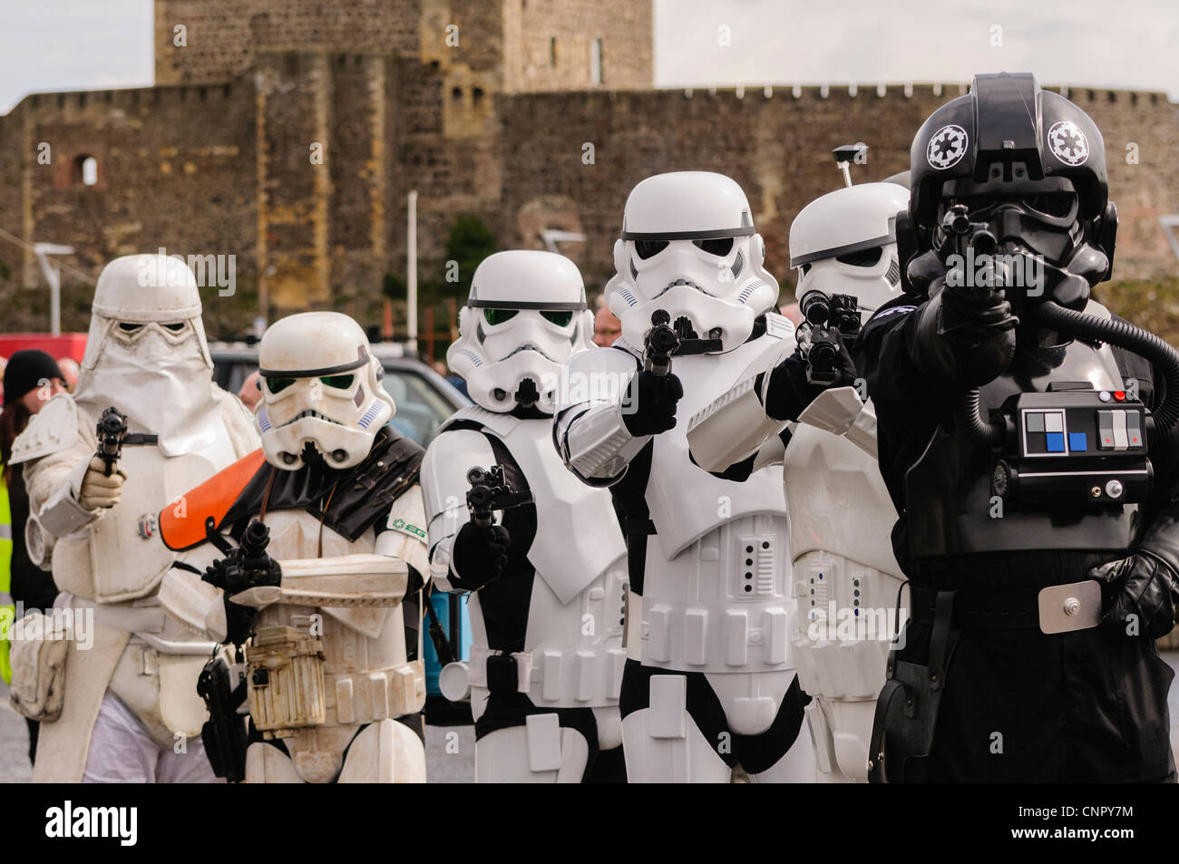 Star Wars fans dressed as Stormtroopers perform in Carrickfergus Stock Photo