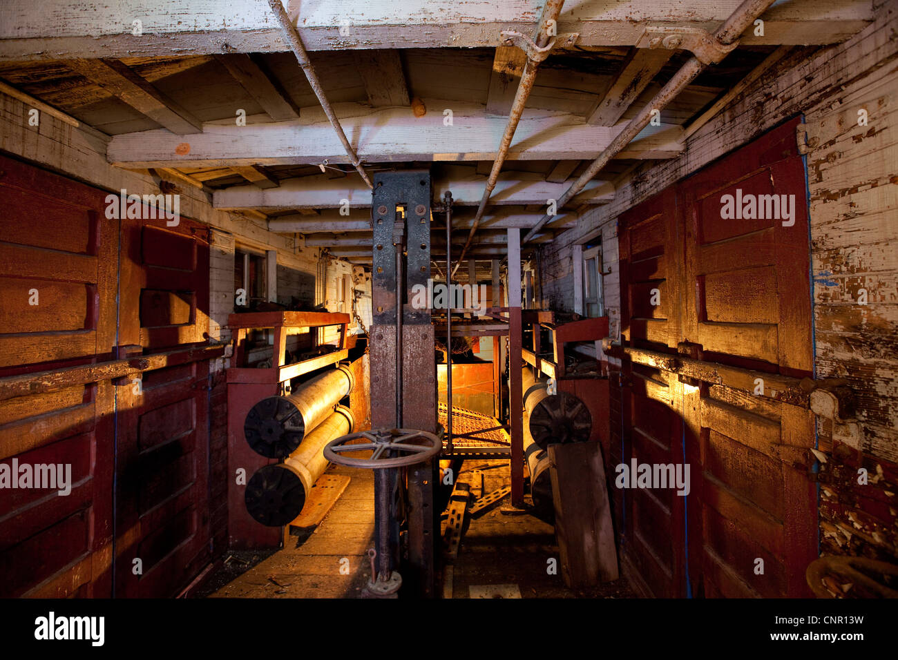 Interior view of an Old trail snow plow, Texas State Railroad, 1881, Rusk Texas Stock Photo