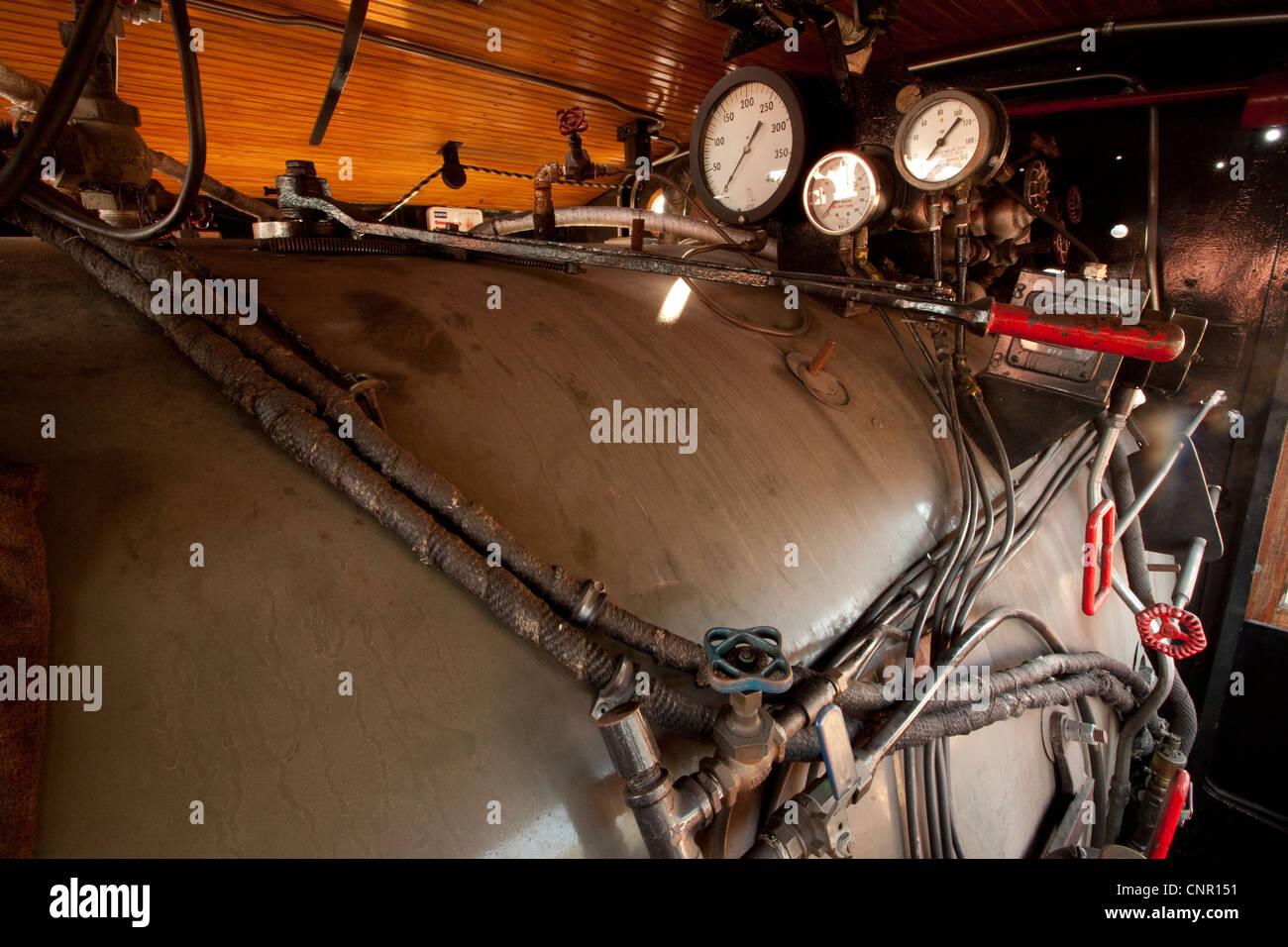 Gauges and parts of a Steam Locomotive, Texas State Railroad, 1881, Rusk Texas Stock Photo
