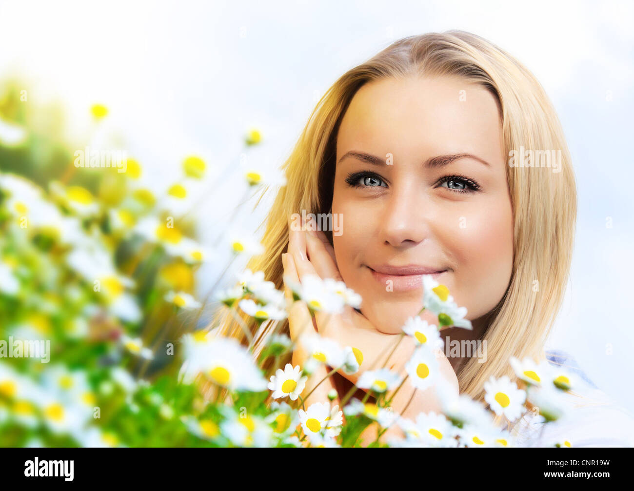 Beautiful Woman Enjoying Daisy Field And Blue Sky Nice Female Lying