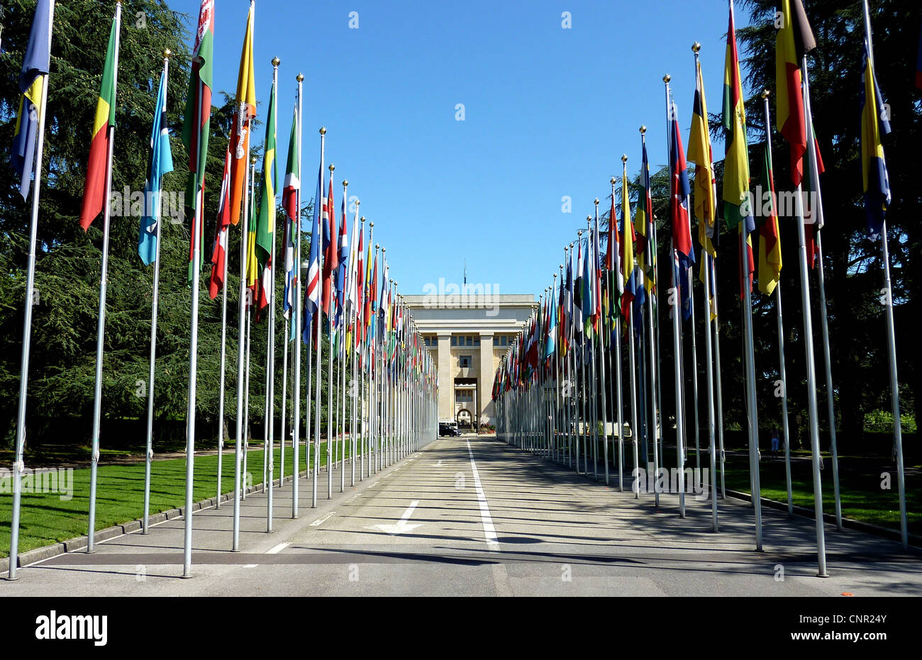 United Nations in Geneva, Switzerland, with all flags by beautiful weather Stock Photo