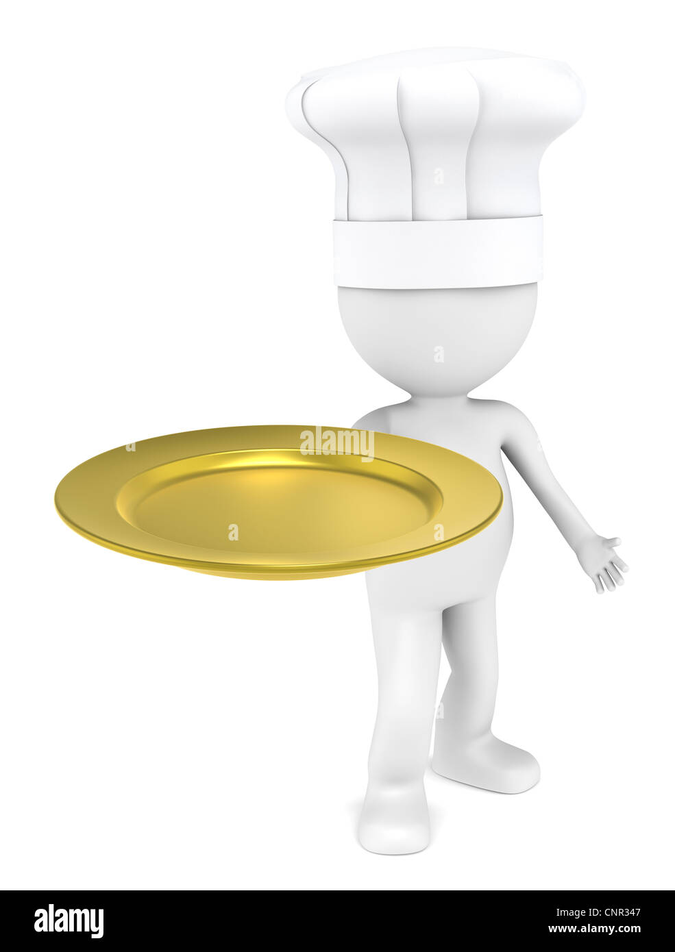 3D little human character the Chef with an empty plate of Gold Stock ...