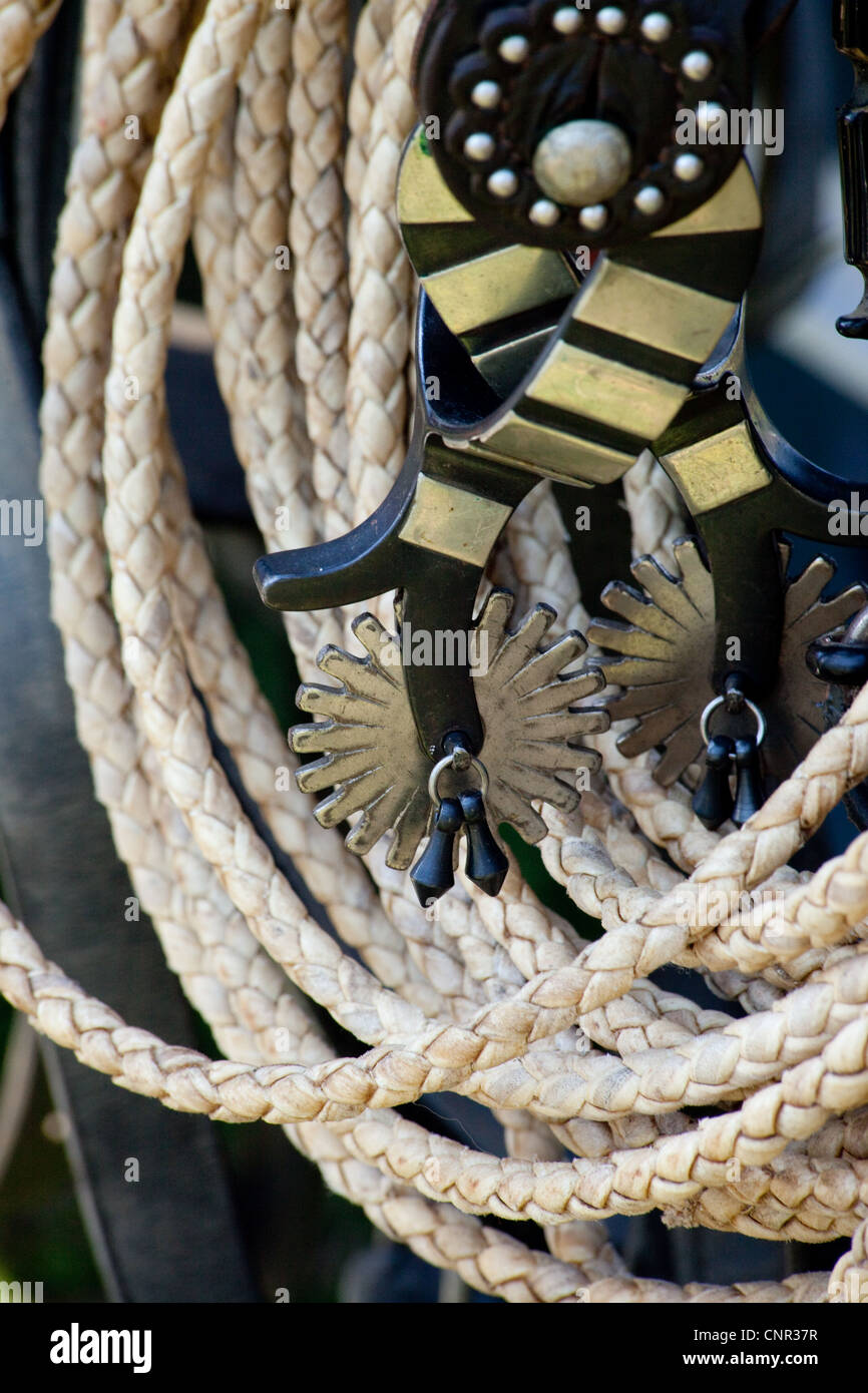 Cowboy tools, spurs and lasso, hanging and ready for use Stock Photo