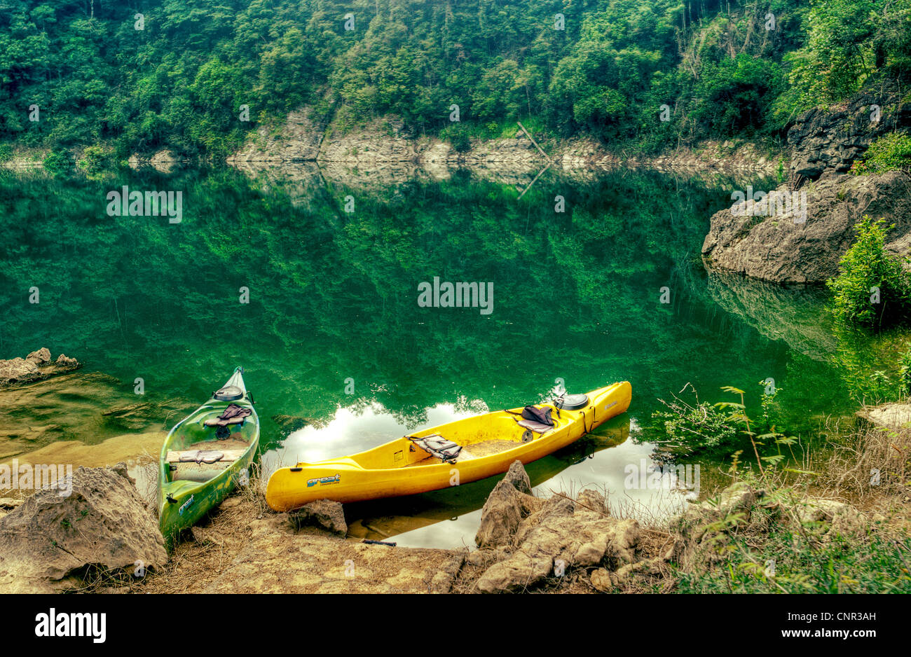 Kayaks on the shore of Lagunas de Sepalau. Stock Photo