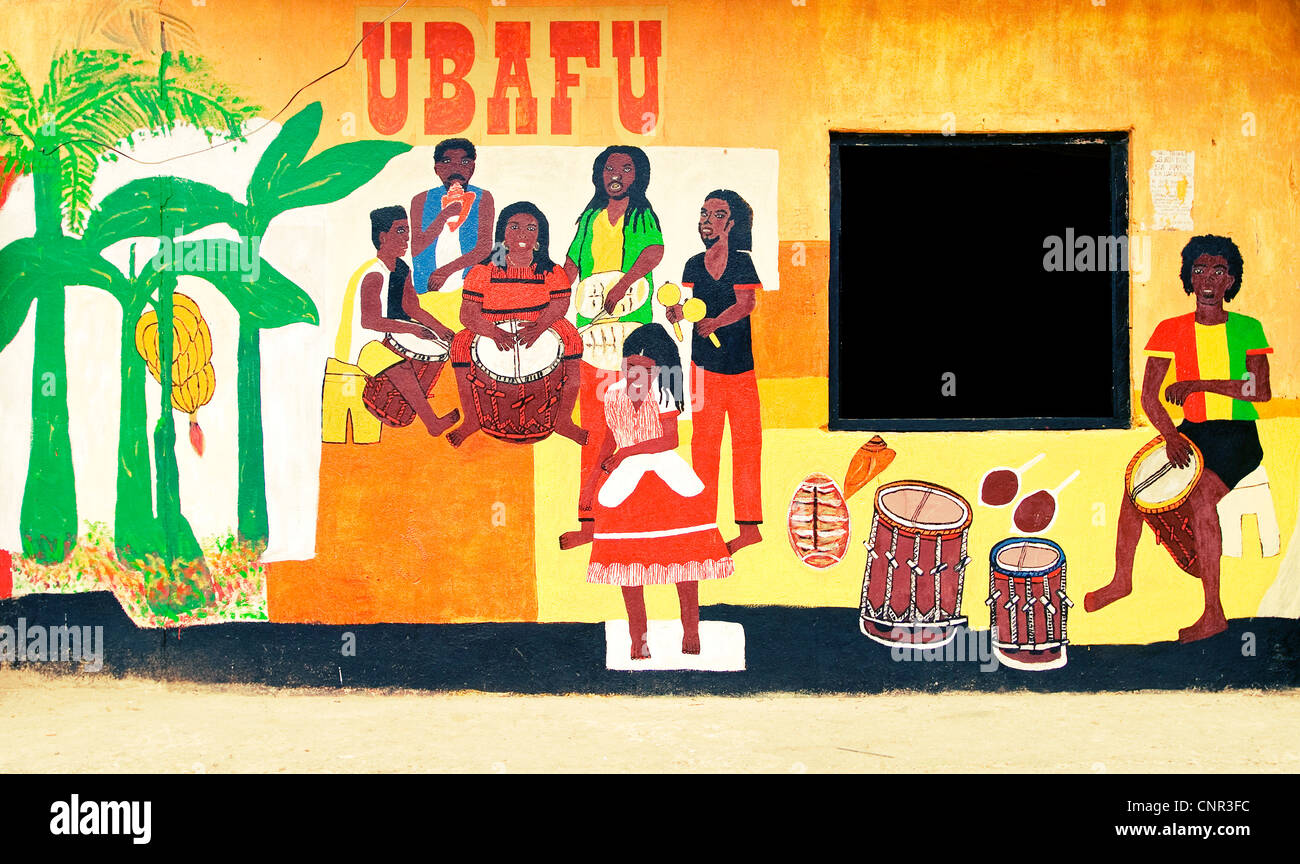 Brightly colored exterior of Ubafu Bar in the Garifuna village of Livingston, Guatemala. Stock Photo