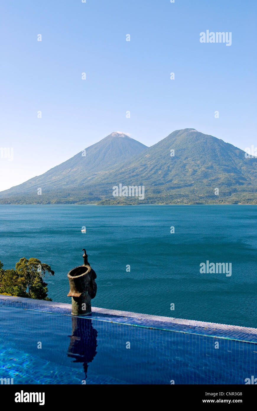 View of Lake Atitlan and Atitlan and Toliman volcanoes from the villa at Casa Palopo. Stock Photo