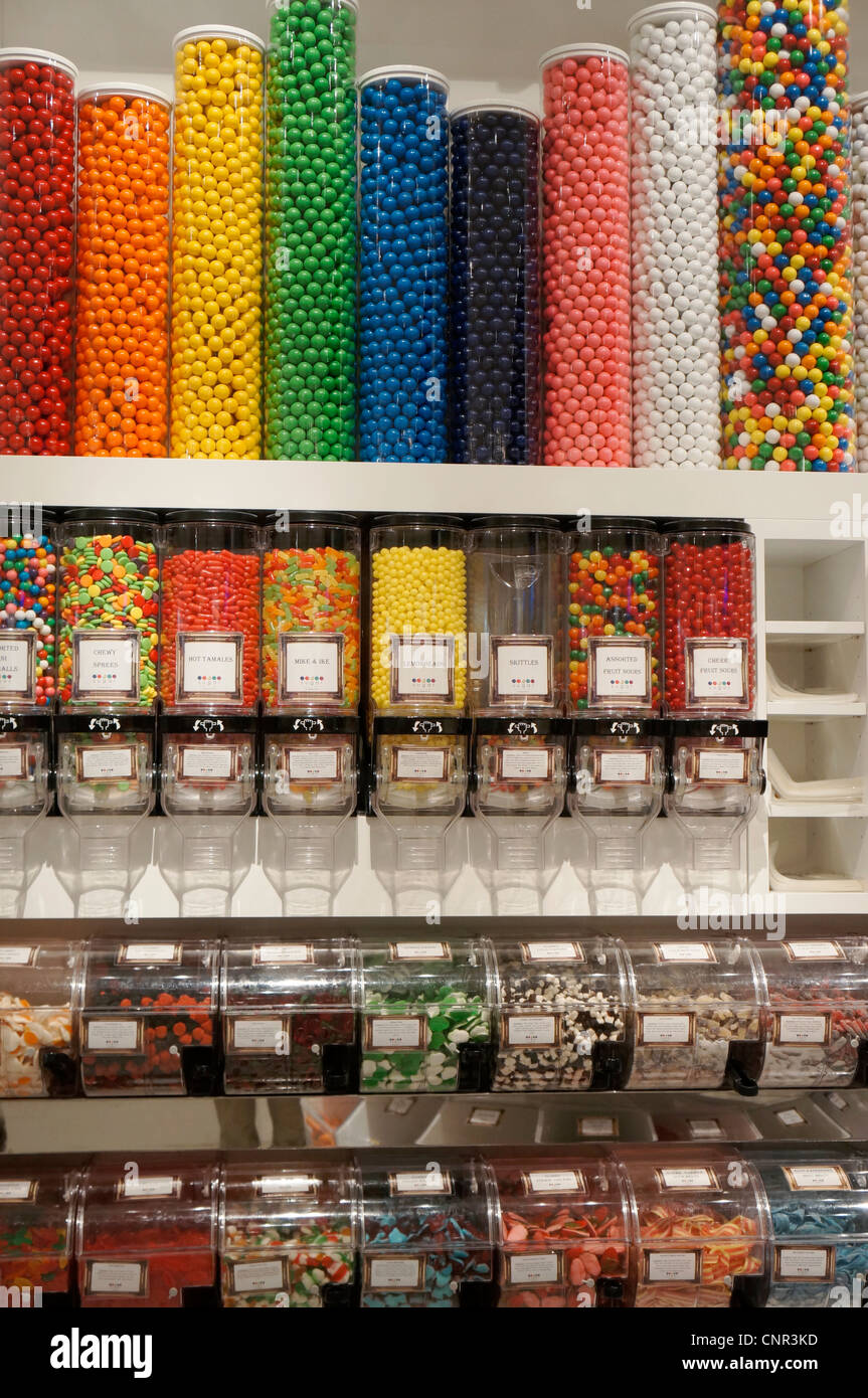 Gumballs in Jars, Sweet shop 'Sugar', Las Vegas, Nevada, USA Stock Photo