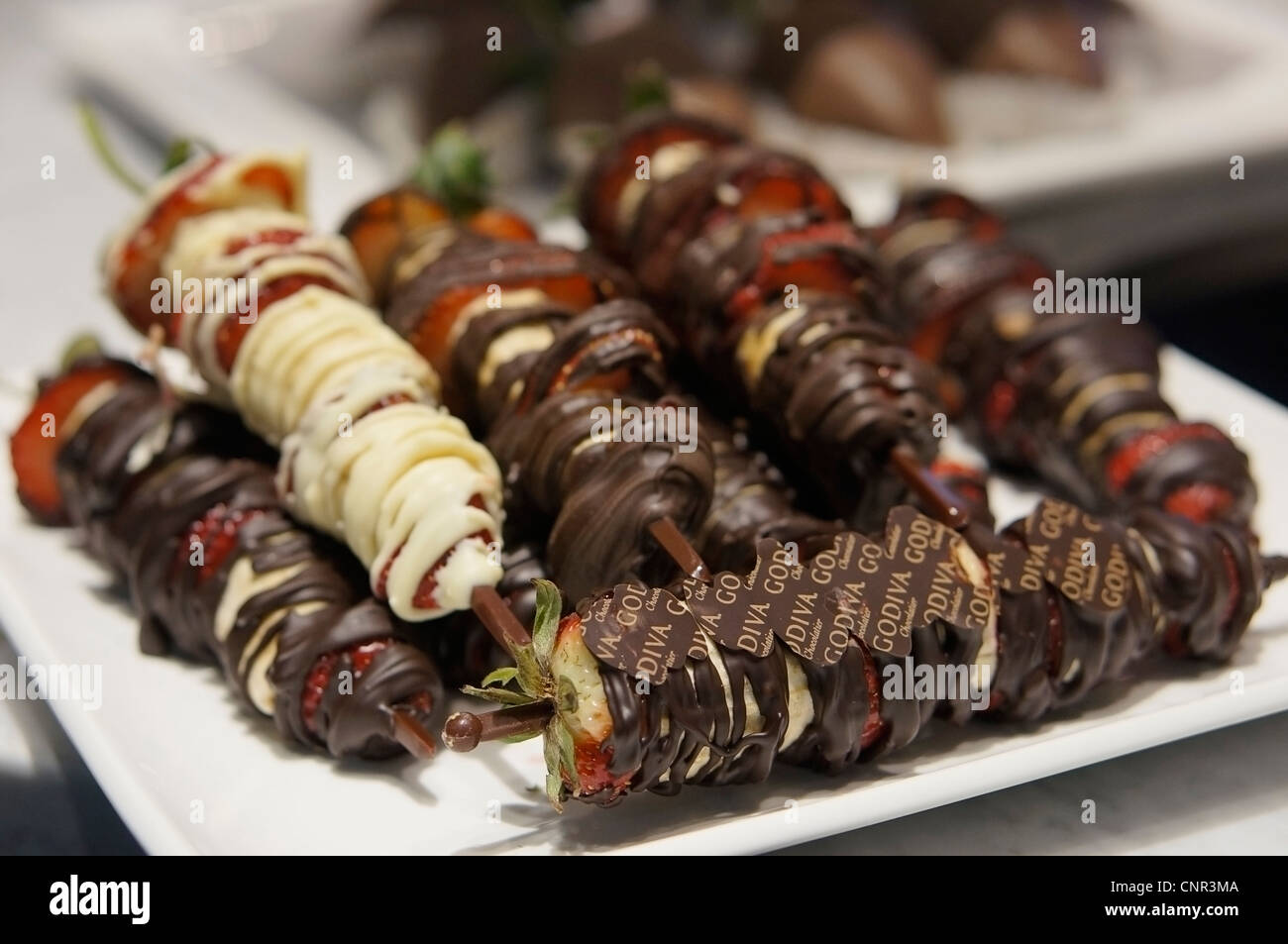Godiva Chocolate covered Strawberries, Kabobs Stock Photo