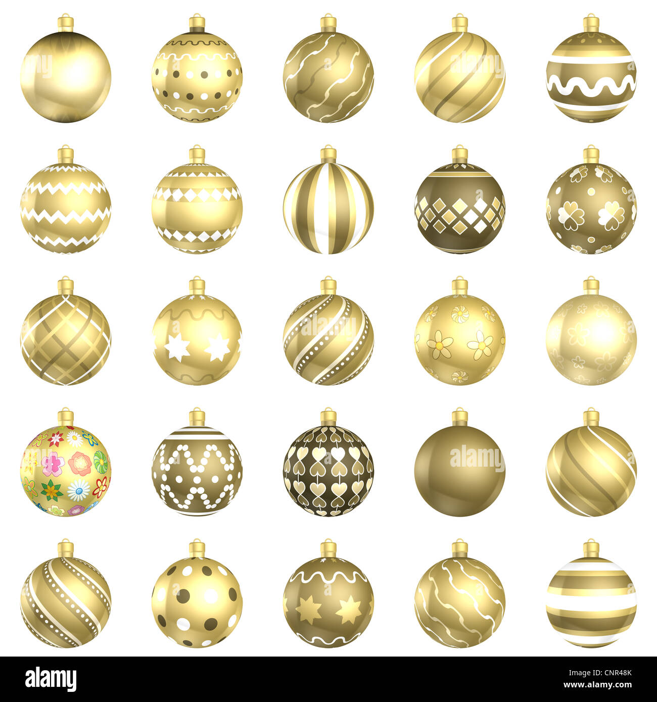 Christmas gold baubles big pack 25 on white background Stock Photo