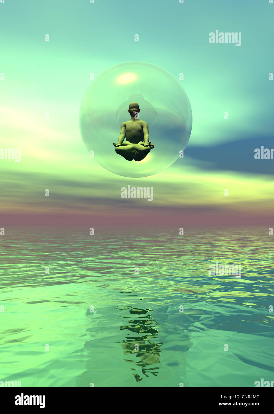 Human meditation in a bubble over the ocean in green background Stock