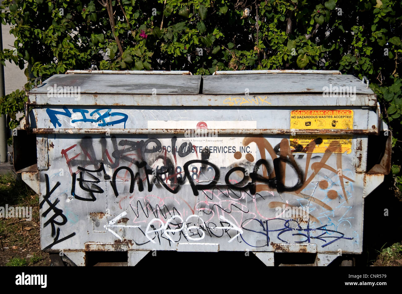 Garbage dumpster covered in spray painted graffiti Stock Photo