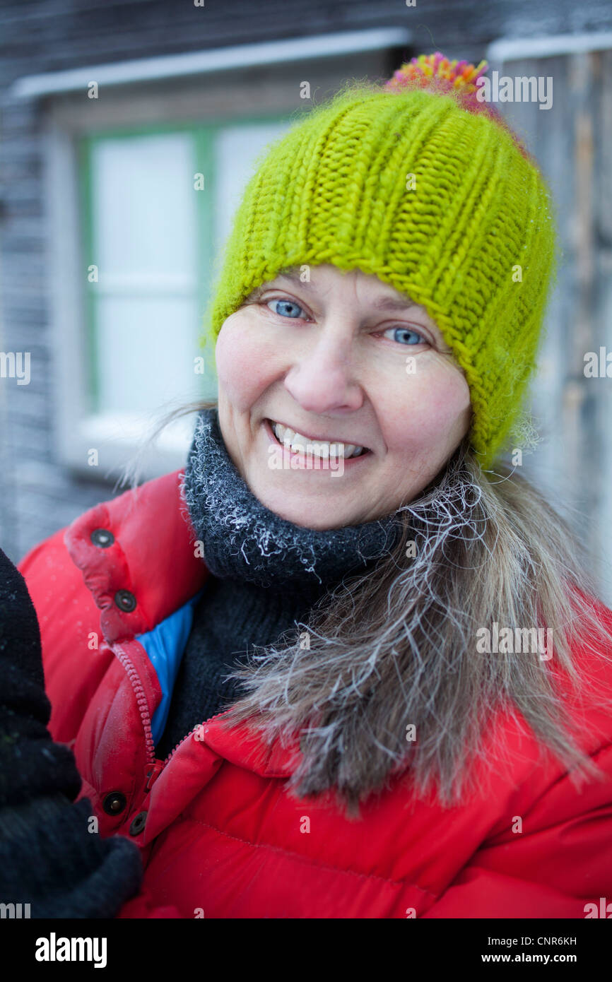 Smiling woman wearing beanie hat Stock Photo