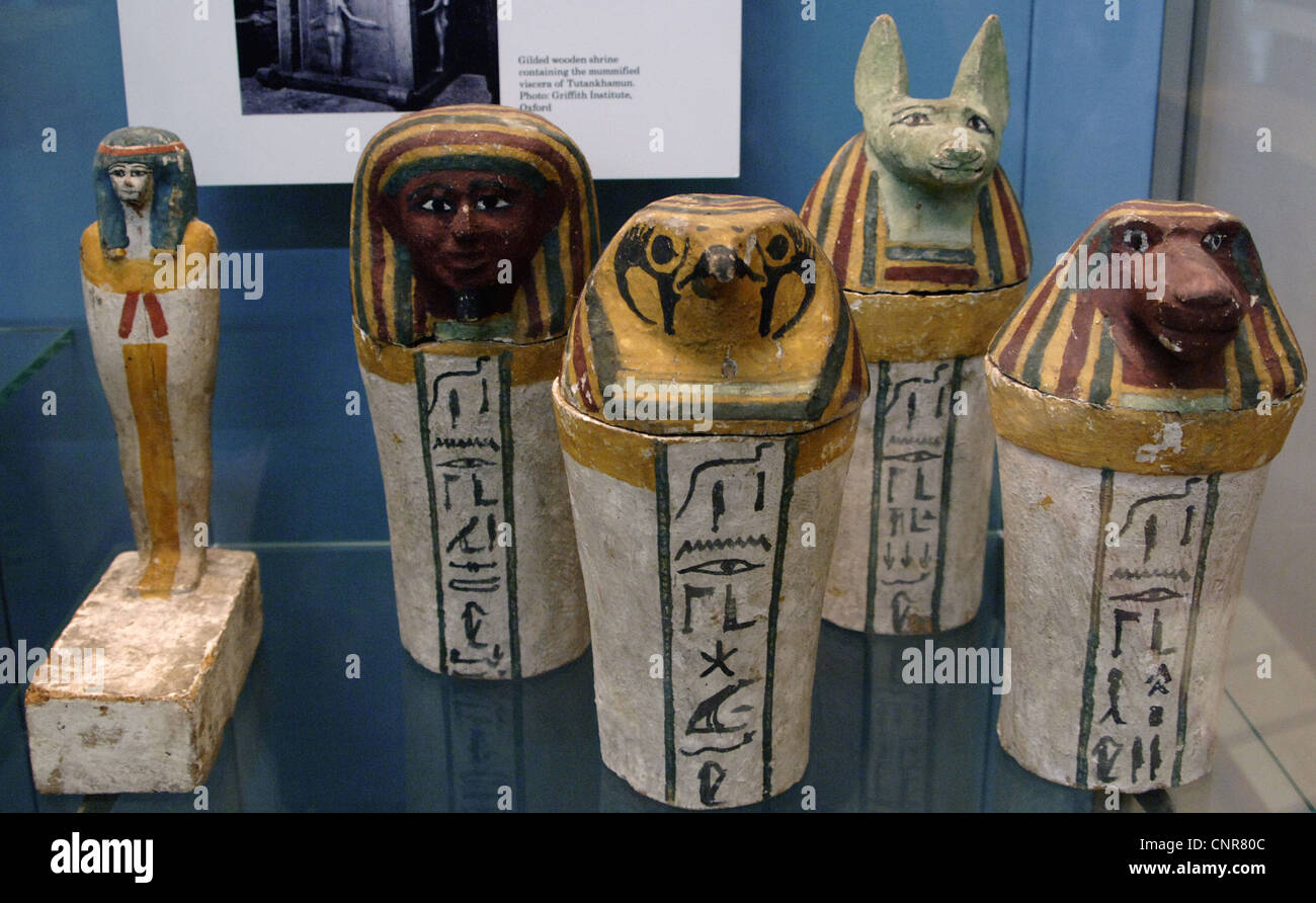 Polychormed canopic jars. Used by the egyptians during the mummification to preserve the viscera. Stock Photo