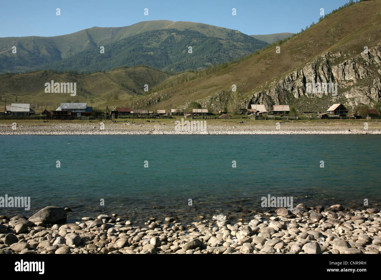 Tungur Village and the Katun River in the Altai Mountains, Russia. Stock Photo