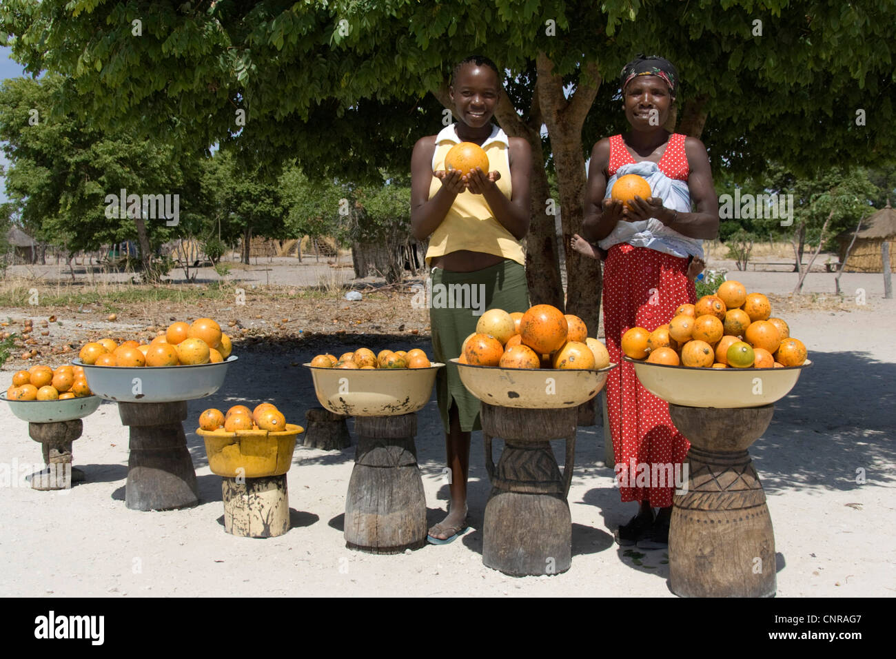 Spiny Monkey-orange; Green Monkey orange (Strychnos spinosa), African woman and her daughter offering Monkey-oranges, Namibia, Rundu Stock Photo