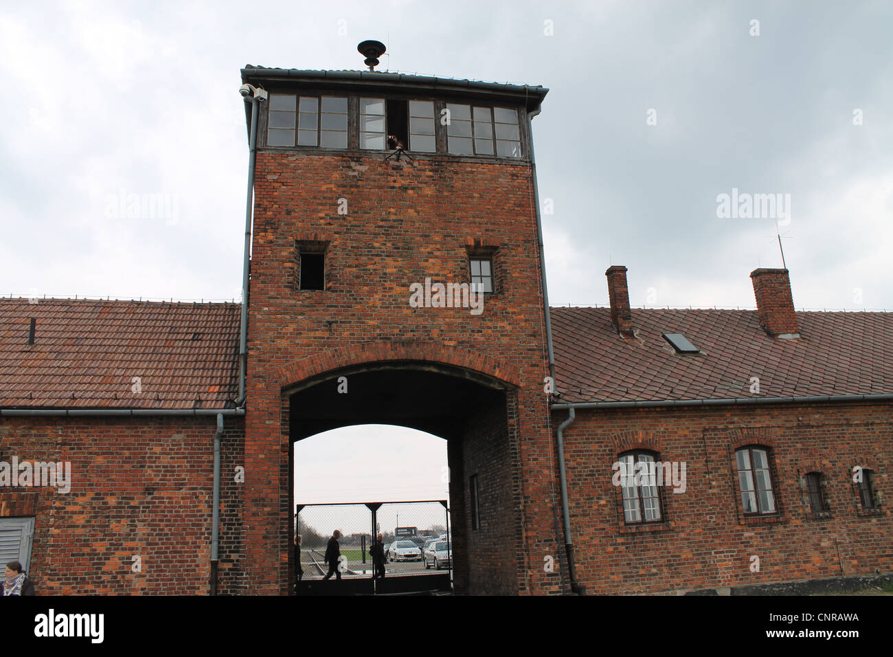Auschwitz Birkenau Concentration Camp Entrance. Stock Photo