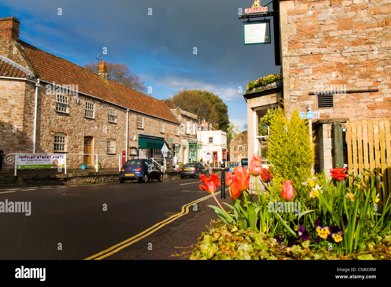 Chew Magna Village High Street with flowers Stock Photo Alamy