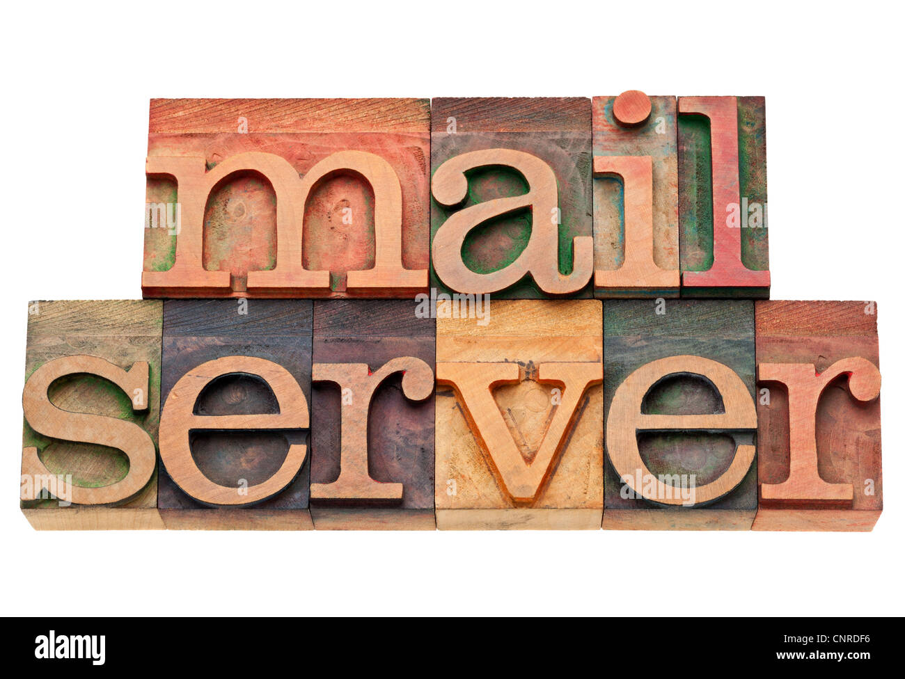 mail server - internet and computer concept - isolated text in vintage letterpress wood type Stock Photo