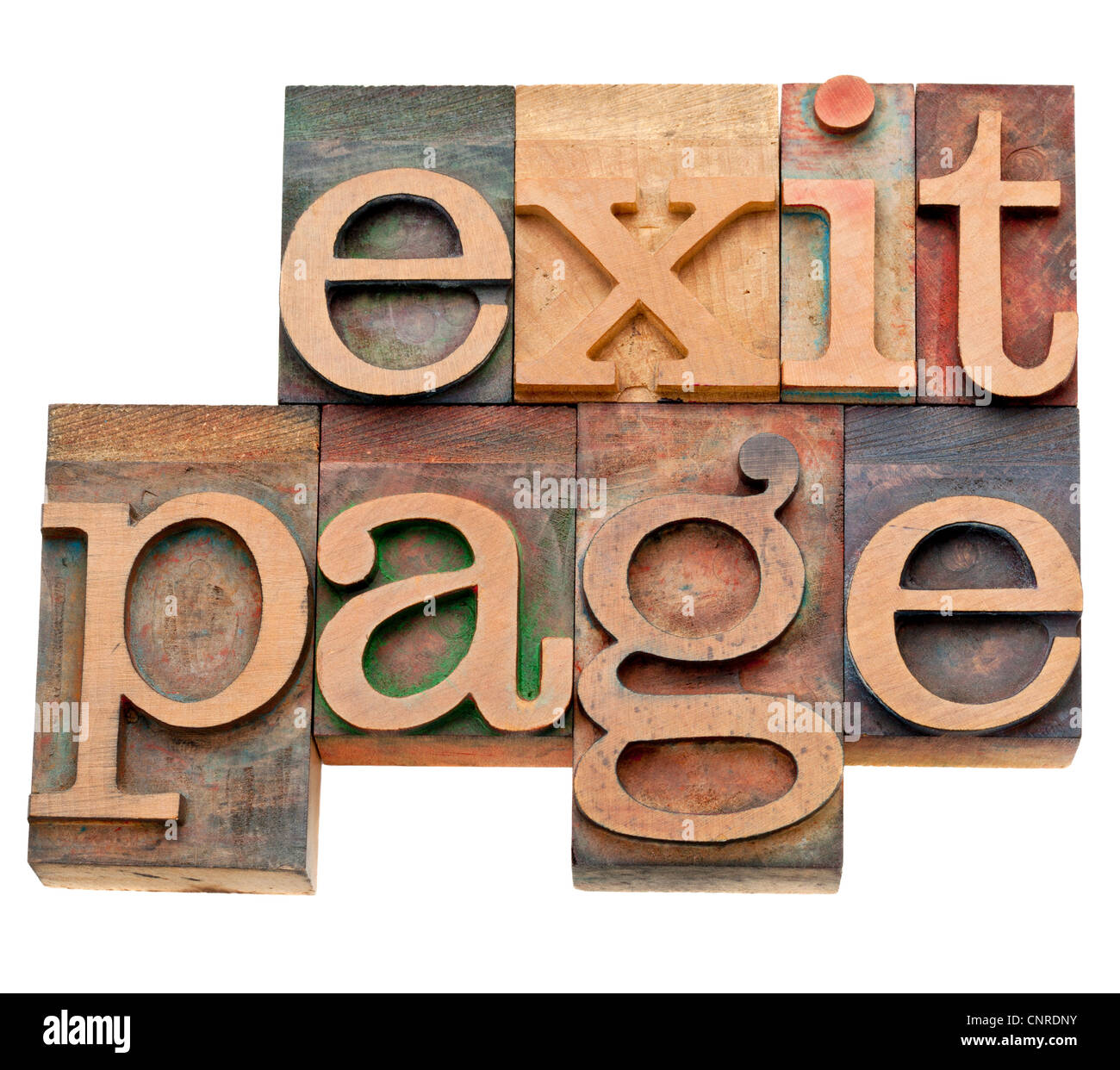 exit page - internet and SEO concept - isolated words in vintage letterpress wood type Stock Photo