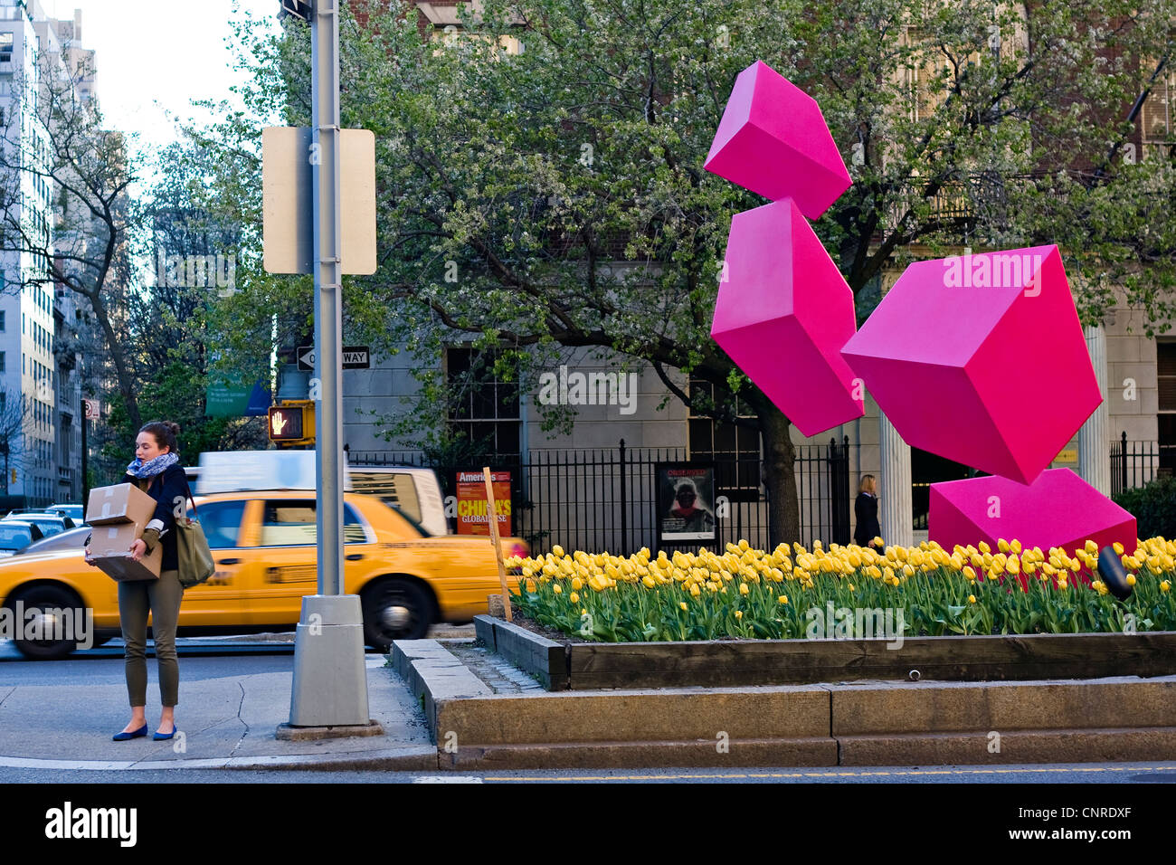 NYC Taxi drives on Park Avenue past public sculpture named Acrobatica by Rafael Barrios whilst a woman holds heavy boxes. Stock Photo