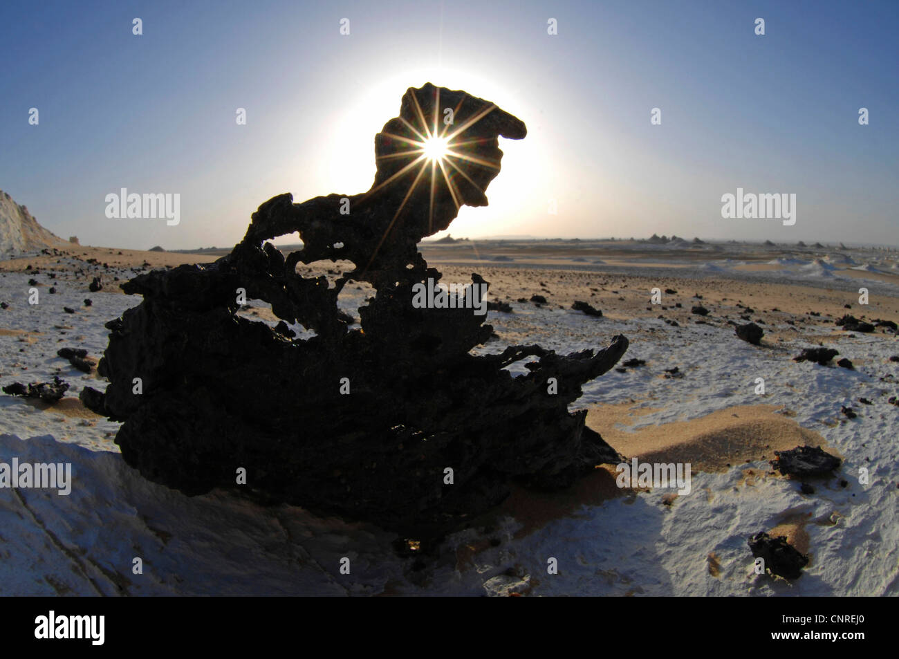 sun star in the White Desert, Egypt, White Desert National Park Stock Photo