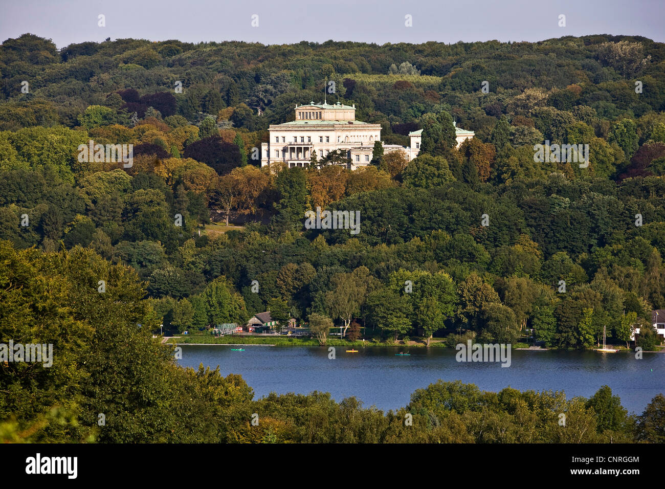 Villa Huegel with Lake Baldeney in Essen, Germany, North Rhine-Westphalia, Ruhr Area, Essen Stock Photo