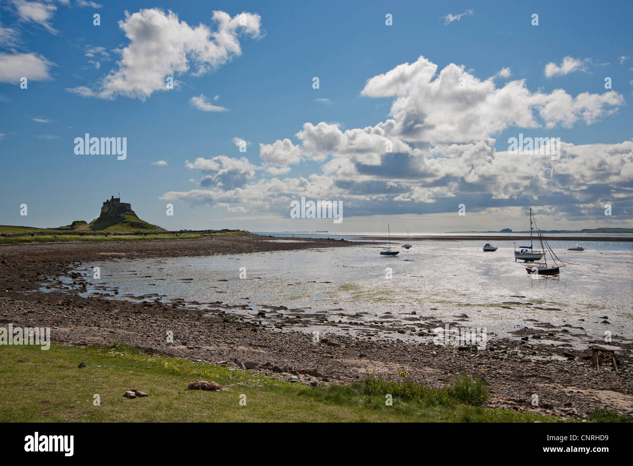 Lindisfarne Castle viewed from the shore at low tide Stock Photo