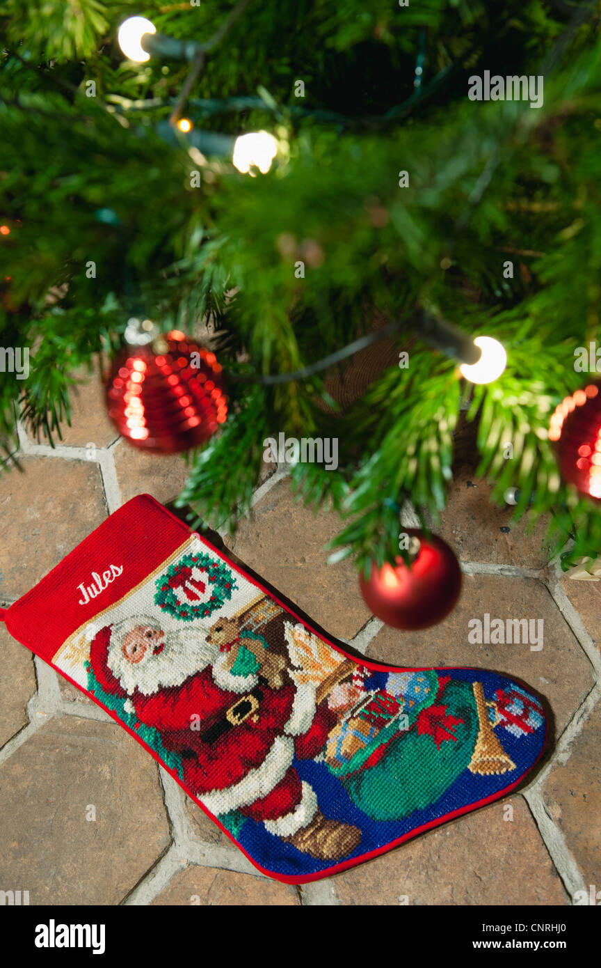 Christmas tree and Christmas stocking Stock Photo