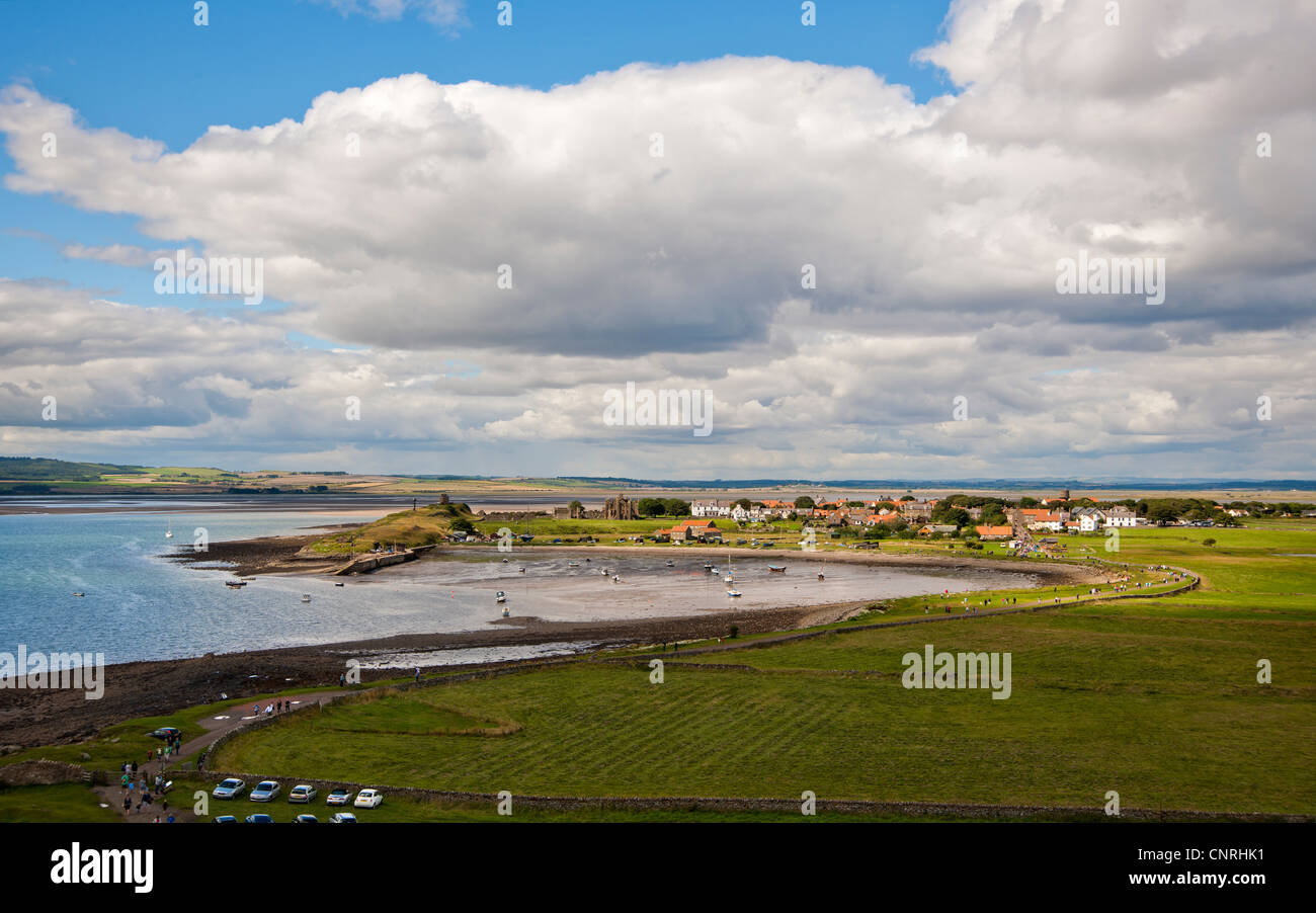 Lindisfarne Island, view of the Priory and village from the castle. Stock Photo