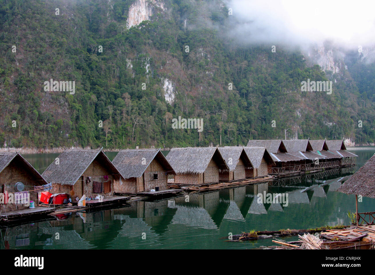 village of bamboo huts at Cheow Lan Lake, Thailand, Phuket, Khao Sok NP Stock Photo
