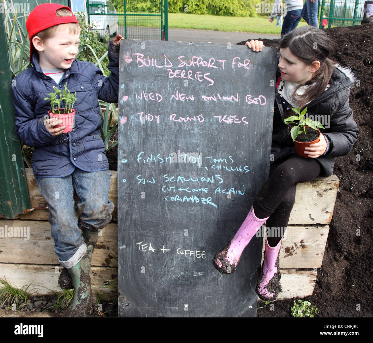 Child gardeners at the Grow Community Garden, Waterworks, Belfast, Northern Ireland Stock Photo