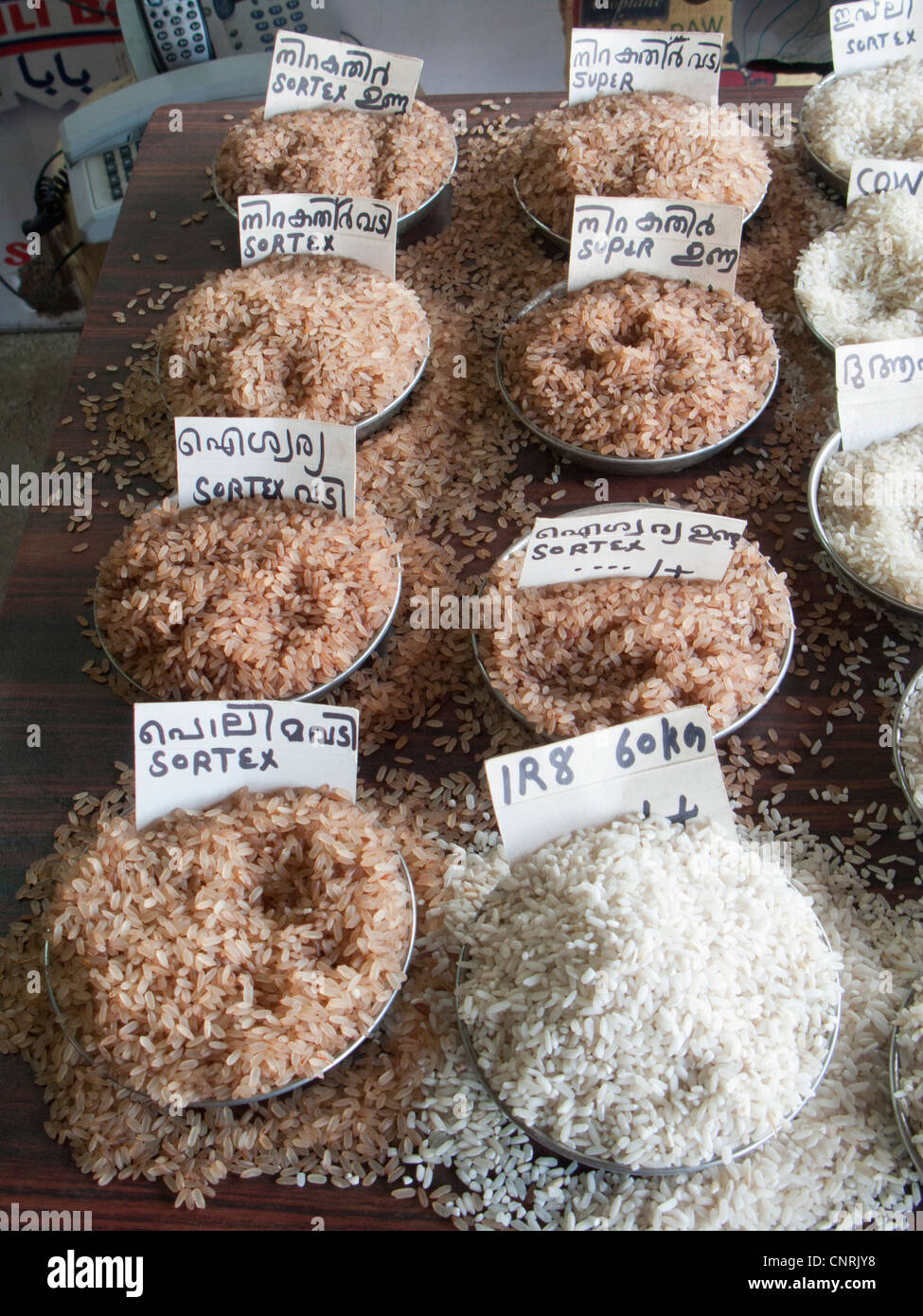 Assorted rice varieties in market, India Stock Photo