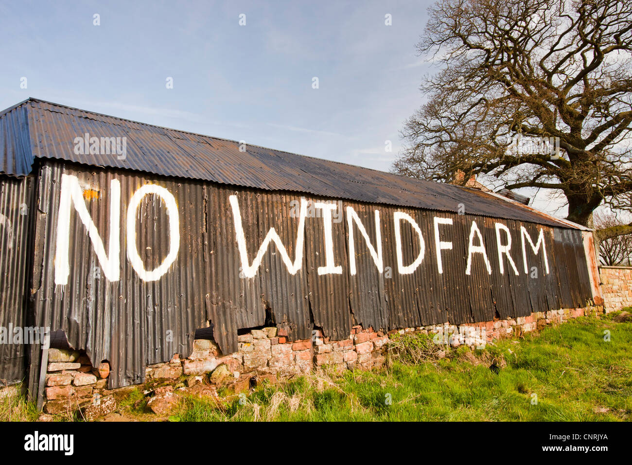 A wind farm protest sign near Carlisle, Cumbria, UK. Stock Photo