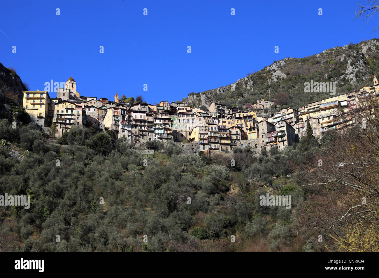The perched village of Saorge in the Roya valley into the Mercantour ...