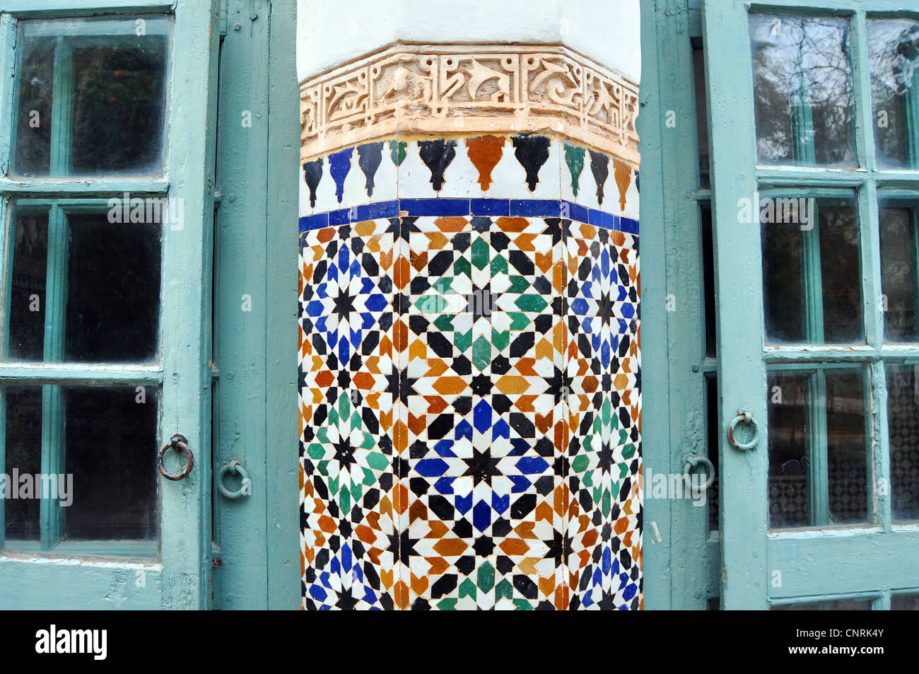 Moroccan tiles and painted doors, Marrakech Stock Photo