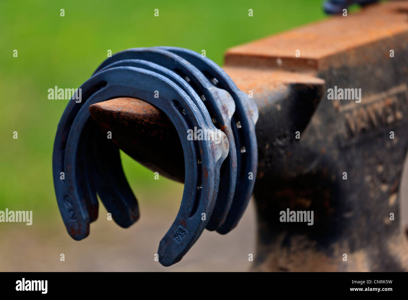 Horse shoes on farriers anvil Stock Photo