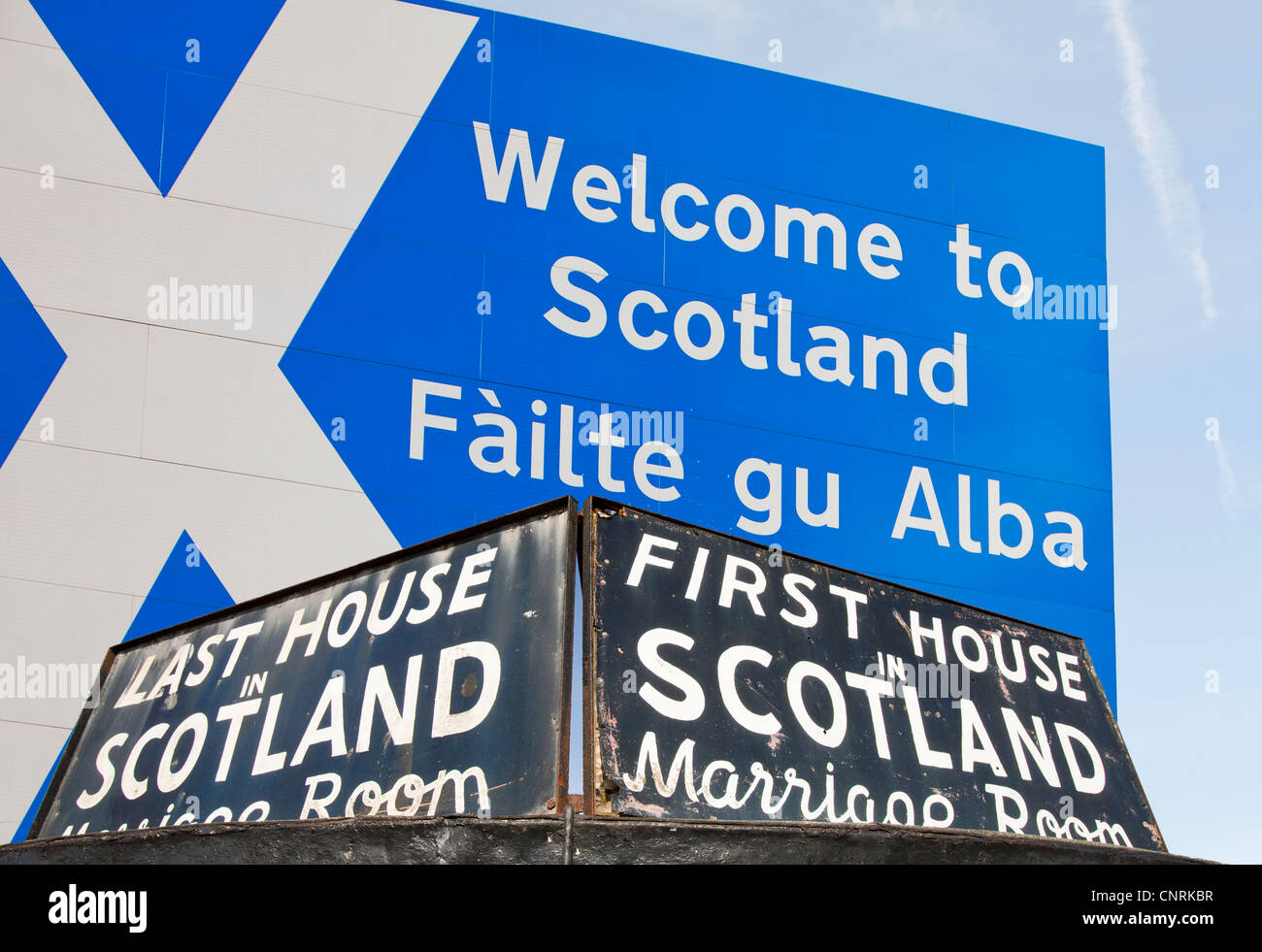 A welcome to Scotland sign and the first and last house at Gretna Green, Dumfries and Galloway, Scotland, UK. Stock Photo