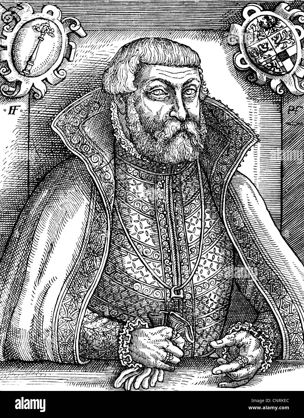John George, 11.9.1525 - 8.1.1598, Elector of Brandenburg 3.1.1571 - 8.1.1598, half length, woodcut, 16th century, Stock Photo