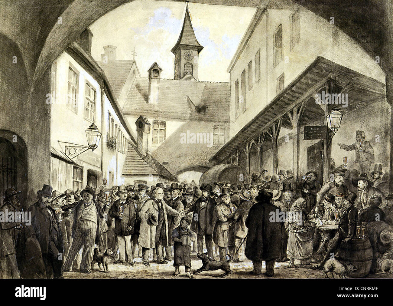 gastronomy, old Hofbraeuhaus, Munich, sepia and ink drawing by Breitschwert, circa 1872, Additional-Rights-Clearences-Not Available Stock Photo