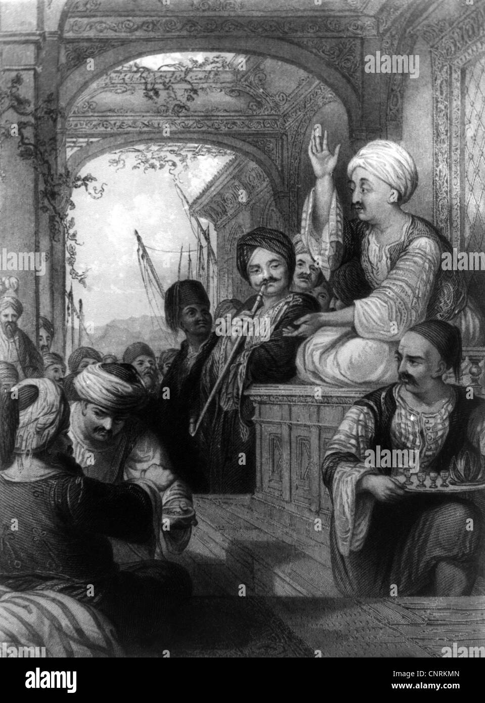 theatre, audience, Turkish men listen to a meddah (story teller), engraving, 19th century, theater, mime, turban, turbans, narrator, teller, narrators, tellers, telling, tell, tells, narrate, narrating, stage, stages, Indian style sitting, sit cross-legged, sitting, sit, artist, artists, Turkey, Orient, the Middle East, oriental, 18th century, smoking pipe, pipes, smoking, smoke, tobacco, Fez, gesture, gestures, gesticulation, body language, mimic, mimic art, historic, historical, people, Additional-Rights-Clearences-Not Available Stock Photo