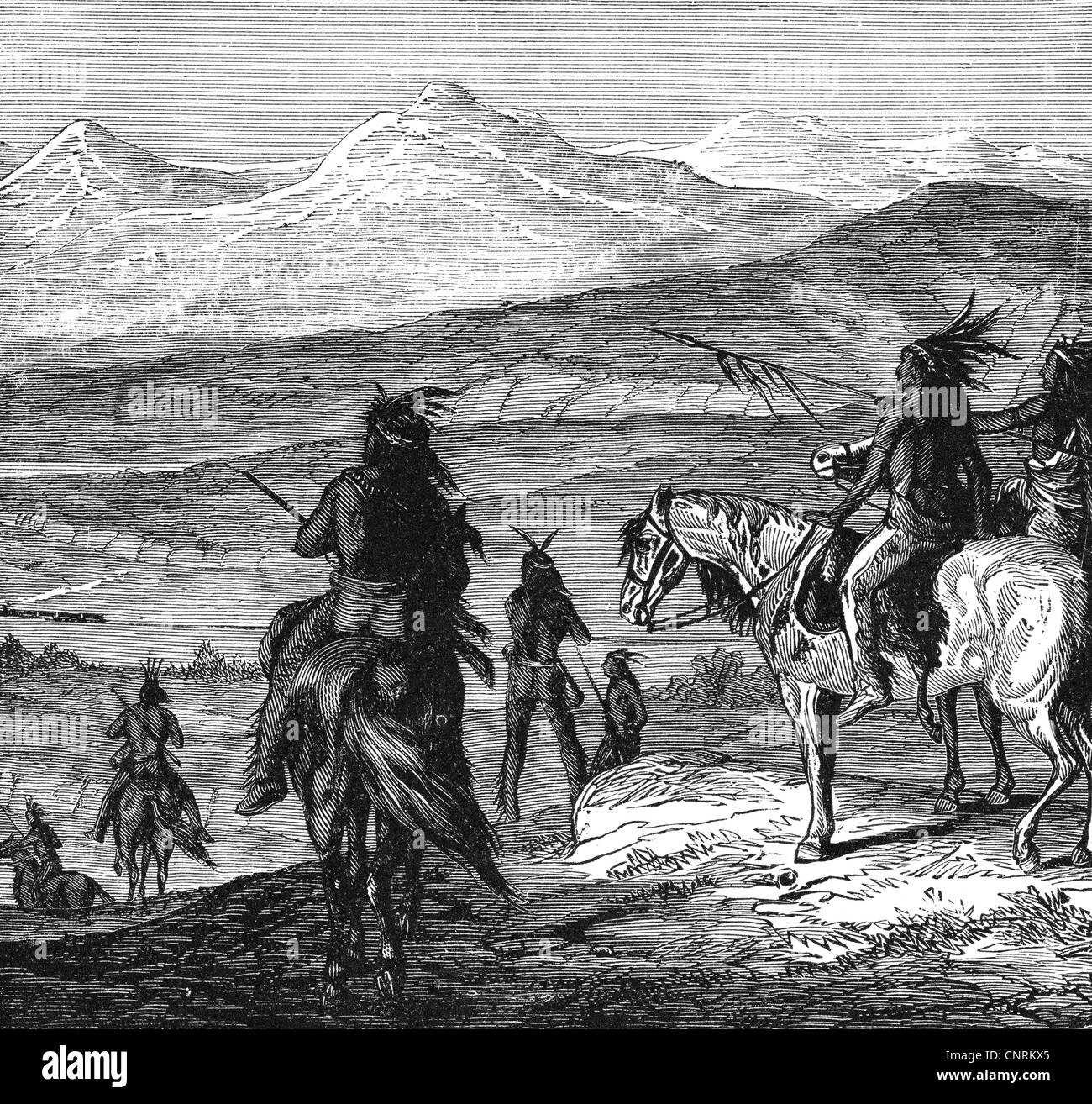 geography / travel, USA, people, American Indians, first view on the railroad in the Plains, wood engraving, 2nd half 19th century, colonization, civilization, transport, transportation, landscape prairie, North America, historic, historical, Additional-Rights-Clearences-Not Available Stock Photo