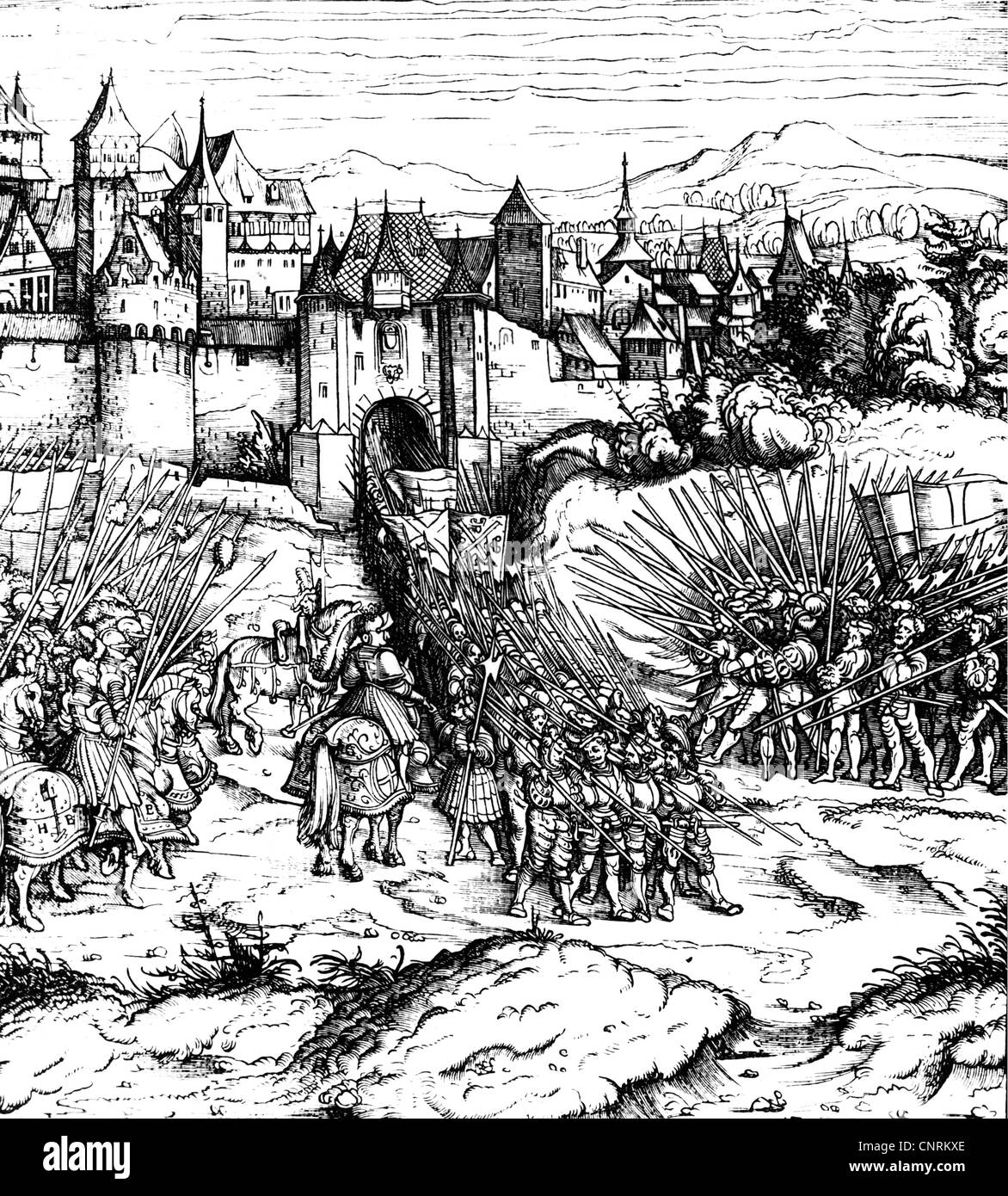 Italian Wars 1494 - 1559, second French campaign, treason of Novarra, Swiss mercenaries extrade Duke Ludovico II 'il Moro' of Milan to the French, 10.4.1500, woodcut by Hans Burgkmair, 'Weisskunig', 1513, Additional-Rights-Clearences-Not Available Stock Photo