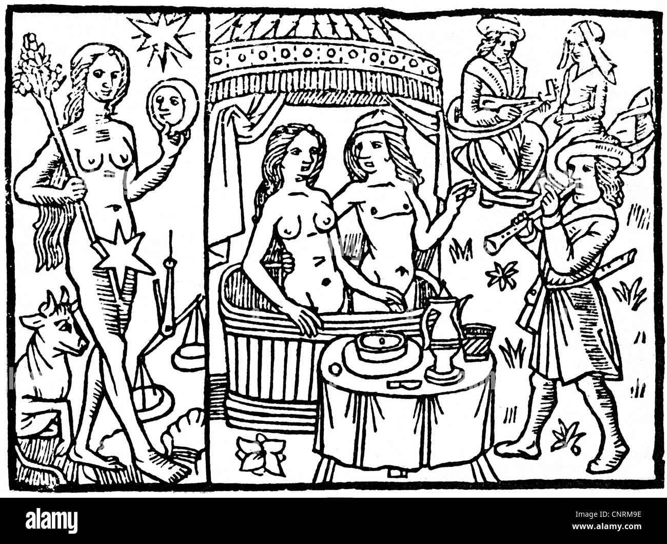 bathing, bath tub, couple taking a bath, woodcut, circa 1500, Additional-Rights-Clearences-Not Available Stock Photo