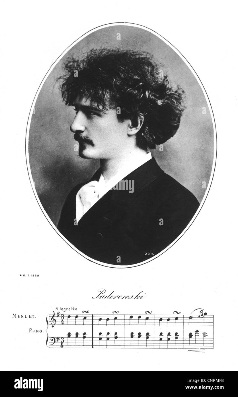 Paderewski, Ignacy Jan, 6.11.1860 - 29.6.1941, Polish composer, politician, Prime Minister of Poland 1919, portrait, profile, oval, picture postcard with musical notes, Stock Photo